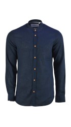 Ανδρικό Πουκάμισο Λινό με Στενή Γραμμή Boston 12001-26 Mάο Μακρυμάνικο Μονόχρωμο Μπλε