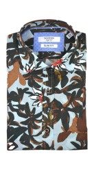 Ανδρικό Πουκάμισο με Στενή Γραμμή Floral Boston 200-2 Μακρυμάνικο Γαλάζιο-Καφέ