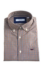 Ανδρικό Πουκάμισο με Κανονική Γραμμή Boston 7354-2 Μακρυμάνικο Καρό Μπεζ-Καφέ