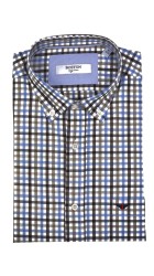 Ανδρικό Πουκάμισο με Κανονική Γραμμή Boston 7354-3 Μακρυμάνικο Καρό Μπλε-Καφέ