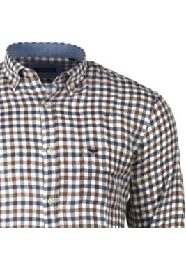 Ανδρικό Πουκάμισο σε Κανονική Γραμμή Λινό Boston 414-4  Καρό  Μακρυμάνικο Καφέ